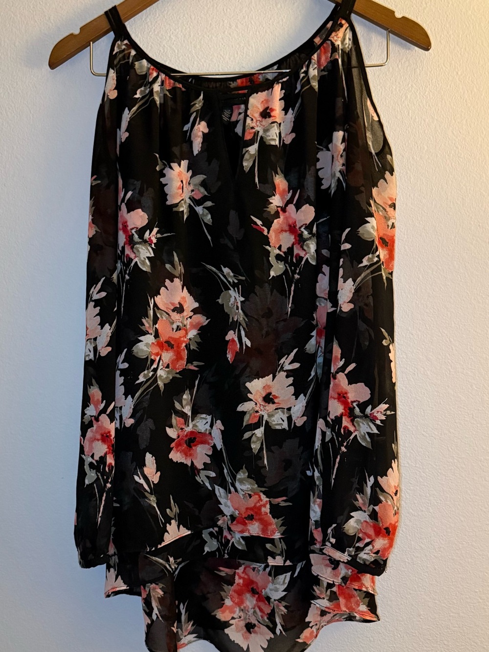 White House Black Market Black Floral Long Sleeve Blouse with Pink Accents
